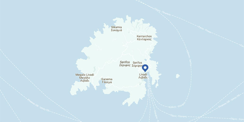 The location of Studios Agyra on the map of Serifos